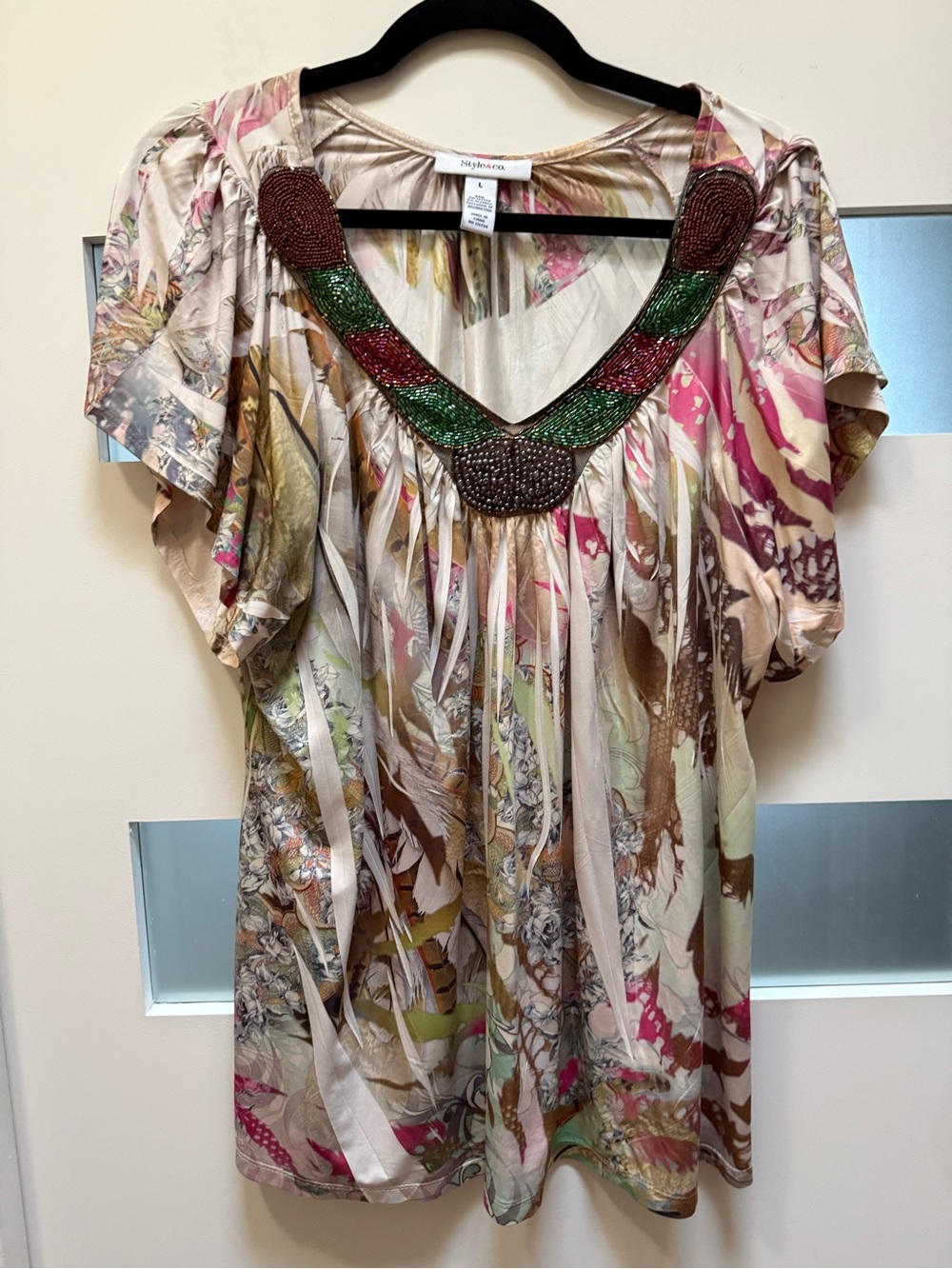 Style & Co. Multicolor Beaded V-Neck Flutter Sleeve Blouse Size L